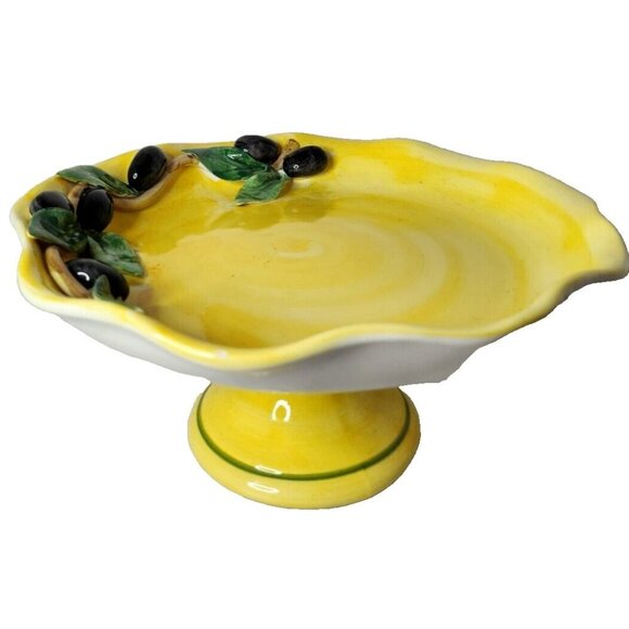 Vintage Italian Pottery 3D Olive Pedestal Serving Dish Appetizer Platter Yellow
